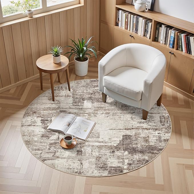 Abstract Living Room Rug Round 6FT - Modern Washable Soft Thin Area Rug for Living Room Bedroom Under Dining Table - Neutral Indoor Floor Rug Carpets for Home Office Playroom Nursery - Brown