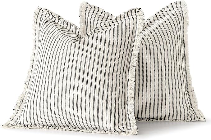 MIULEE Pack of 2 Black Pillow Covers 20x20 Inch Striped Farmhouse Couch Throw Pillow Covers with Fringe Chic Linen Decorative Cushion Covers for Sofa Living Room Bed Outdoor Home Decor