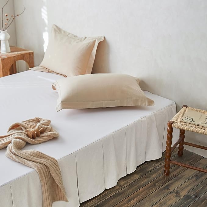 BISELINA French Linen Pleated Bed Skirt, 18" Tailored Draped Natural Linen-Cotton Blend Basic Dust Border Soft Comfort Farmhouse Bedding (18" King, White)