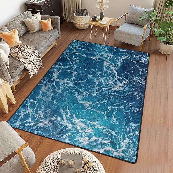 9CH Ocean Beach Area Rug 5'x7', Blue Sea Waves Polyester Area Rugs Non-Slip Carpet Mat for Living Dining Dorm Room Bedroom Home Decorative