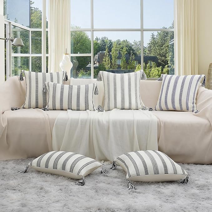 Smile Bee Spring Boho Outdoor Throw Pillow Covers Set of 2, Decorative Woven Striped Pillow Covers with Tassels for Couch Bed Sofa, 18x18 Inch, Navy Blue and Cream White