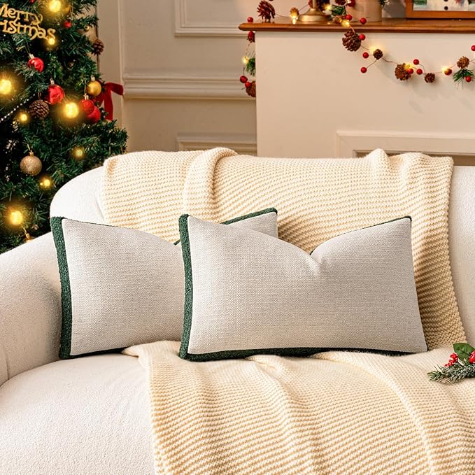 a moment Christmas Dark Green Loop Yarn Linen-Like Pillow Cover Natural Soft Decorative Throw Pillow Case Farmhouse 12x20 Inch, Textured Cushion Cover for Sofa Bed, Wrinkle-Resistant Home Decor