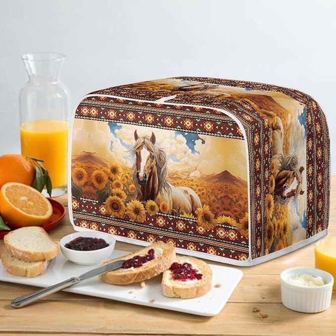 Aztec Horse Sunflower Printed Toaster Cover for Home, Tribal Horse Printed Bread Maker Cover Dirt and Fingerprint Protection, 2 Slice Toaster Oven Covers Kitchen Accessories