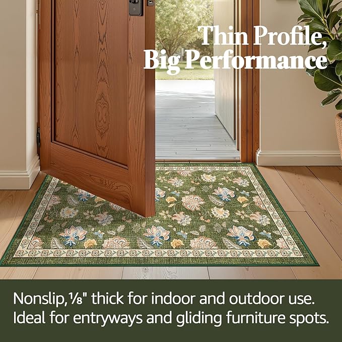 jinchan Elora 2x3 Floral Rug for Entryway Washable Rug Vintage Romance Design Christmas Small Mat Non Slip Indoor Doormat Lightweight Low-Profile Throw Carpet for Entrance Bathroom Laundry, Green