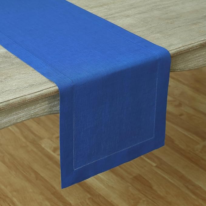 Solino Home Linen Royal Blue Table Runner 132 Inches Long - 100% Pure Linen Extra Long Table Runner 14 x 132 Inch for Christmas, New Year - Classic Hemstitch