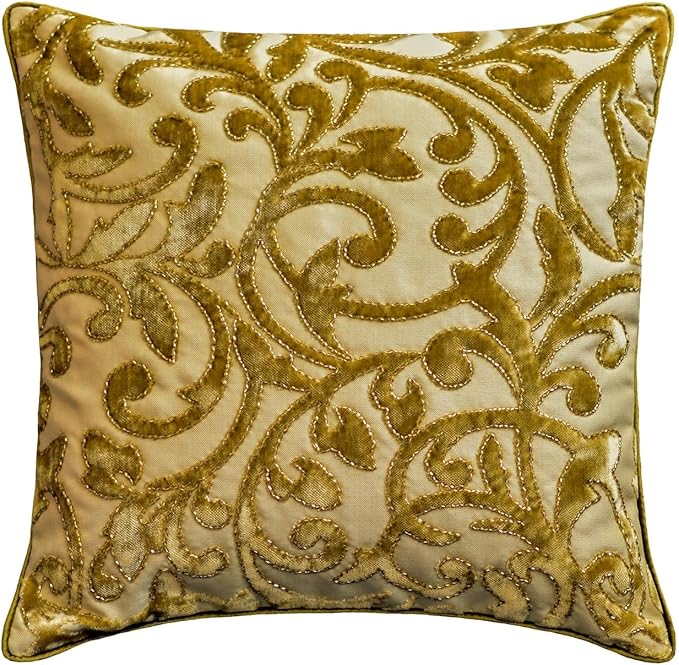 HomeCentric Beige Gold Decorative Bed Runner - Twin 53"x18" with One Pillow Cover, Cut Velvet, Beaded Bed Scarf on Velvet Fabric - Serene Symphony