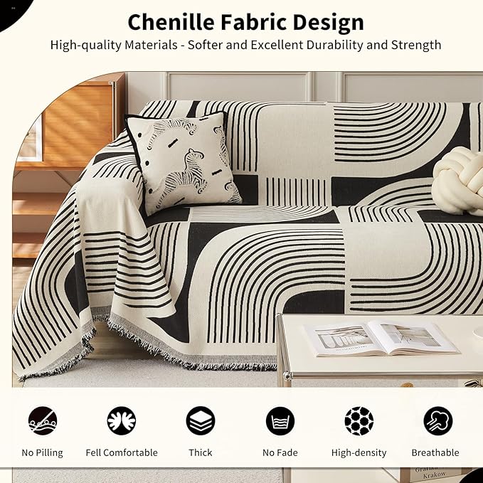 Boho Couch Cover Sofa Covers Washable, Chenille Couch Covers for 3 Cushion Couch Sofa Pet Friendly, Bohemian Sofa Slipcovers for Sectional Sofa, Loveseat, 2 3 4 Seater (71" x 118", Black)
