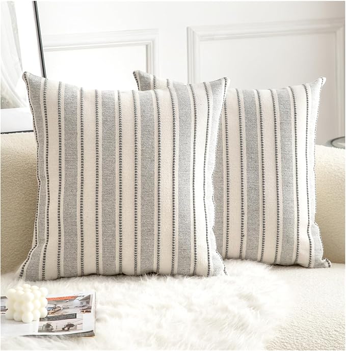Decorative Boho Throw Pillow Covers, Farmhouse Textured Pillow Case, 22 x 22 Inch Set of 2, Chair Sofa Bedroom Living Room Home Decor Couch Cushion Case, Grey and Beige Striped