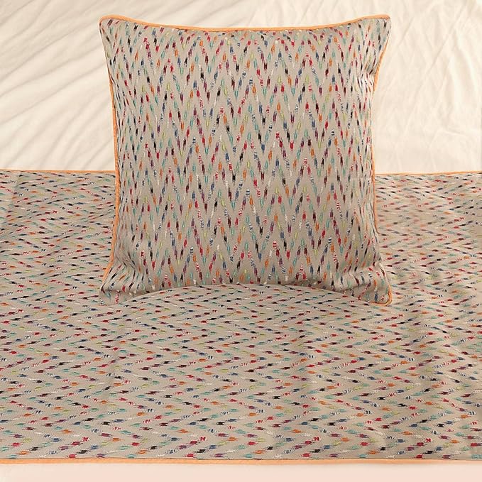 The HomeCentric King Queen Twin Beige & Multicolor Luxury King 90"x18" Bed Runner with 2 Pillow Cover, Chevron Embroidery Bed Scarf on Jacquard Embroidered Fabric - Happy Chevy