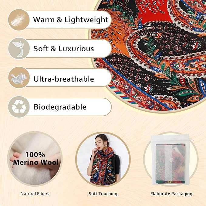 DANA XU 100% Merino Wool Pashmina Shawl for Women 96"x43", Oversized Cashmere Wrap with Tassels, Floral Travel Blanket Cape