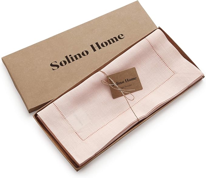 Solino Home Linen Pink Table Runner 144 Inches Long - 100% Pure Linen Extra Long Table Runner 14 x 144 Inch for Christmas - Classic Hemstitch