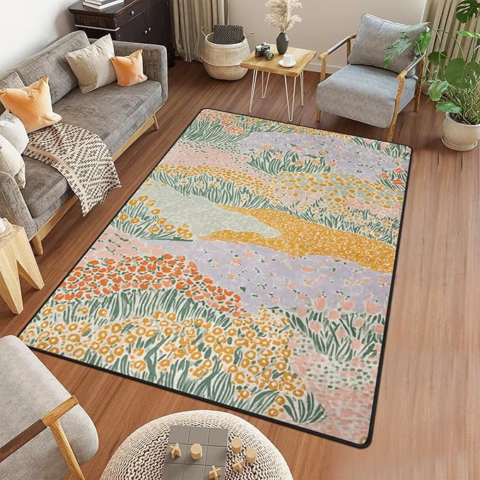 9CH Abstract Garden Floral Area Rug for Kids Bedroom 7' X 5' Natural Rainbow Flower Rugs Non-Slip Cute Soft Boho Carpet for Nursery Living Room Dorm Home Decor