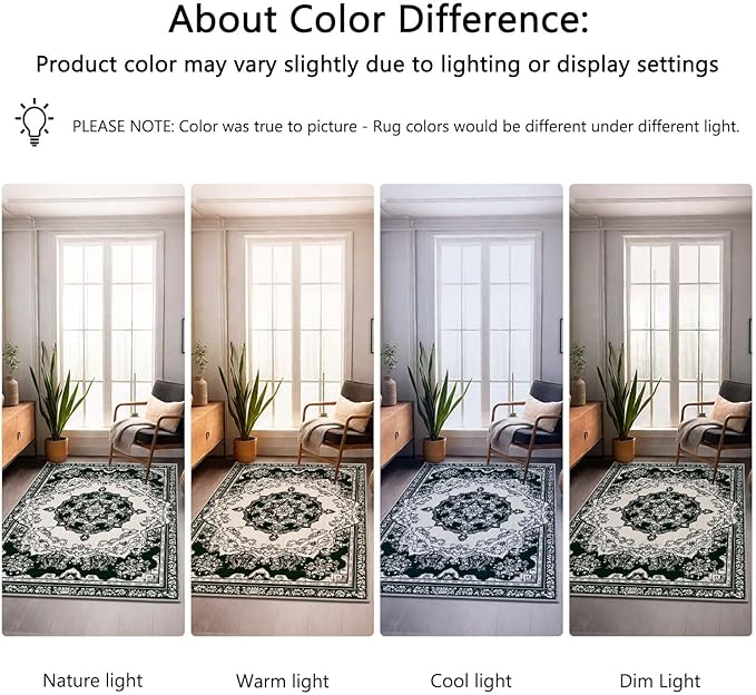 4x6 Traditional Oriental Area Rug Black White Dark Green Rug Non Slip Low Pile Large Carpet for Home Kitchen Living Room Bedroom Dining Room Office