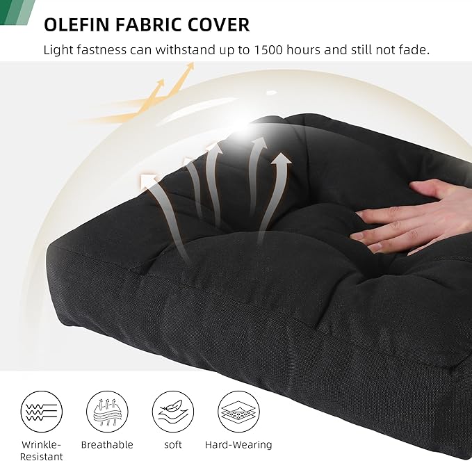RACE LEAF 17" x 17" Patio Chair Cushions Black - Outdoor/Indoor Tufted Memory Foam Chair Pads Set of 2, Water-Resistant Olefin Chair Seat Cushion Non-Slip Backing