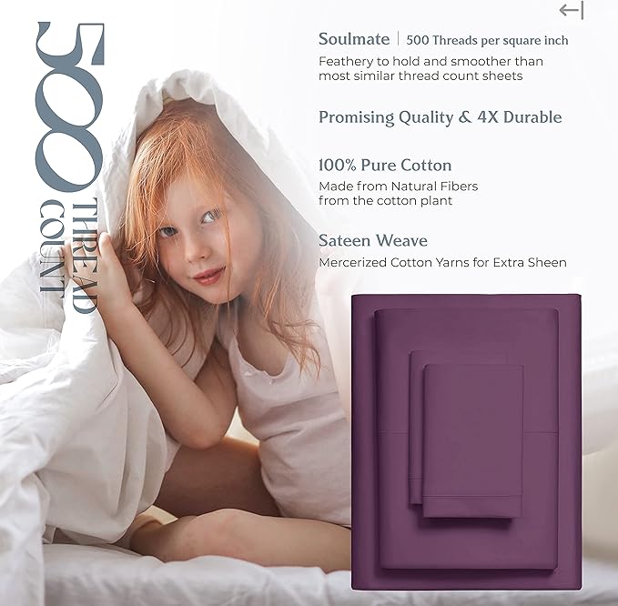 Mayfair Linen 500 Thread Count Twin Cotton Sheets - 3 PC Twin Size Bed Sheet Set Cotton (Plum), Soft, Cooling, Sateen Hotel-Quality 16" Deep Pocket Bedsheet for Hot Sleepers (Fits 18" Mattress)