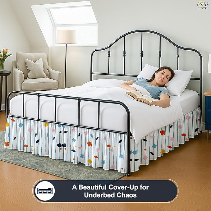 Cottington Lane Ruffled Bed Skirt Queen Size with Split Corner, Brushed Microfiber Hotel Quality Dust Ruffle, 15 Inch Drop Gathered Bedskirt, Soft, Stylish, Shrink & Fade Resistant, Ray of Flowers