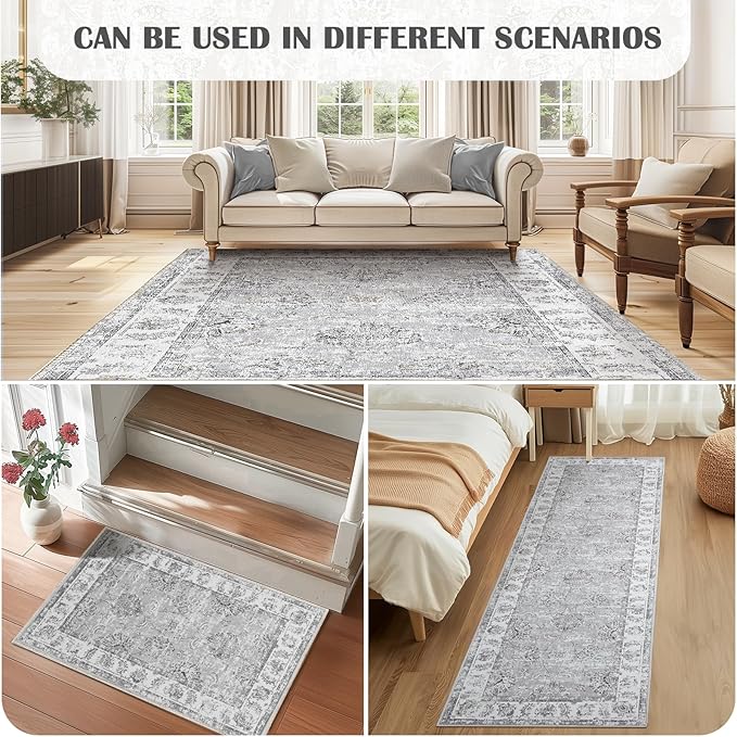 jinchan Fiora Runner Rug 3x10-2pcs Kitchen Washable Vintage Hallway Rug Floral Print Floor Cover Indoor Thin Retro Mat Accent for Bathroom Laundry Room Bedroom Office Farmhouse (Double, Grey)
