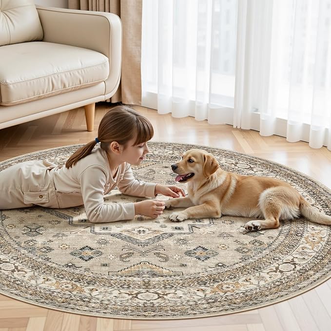 6ft Round Vintage Living Room Area Rug - 6x6 Large Soft Washable Oriental Traditional Distressed Farmhouse Rugs for Bedroom - Indoor Floor Accent Carpet for Home Office House Decor - Beige