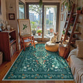 Lahome Floral Washable Rugs 5x7, Non-Slip Ultra-Thin Soft Green Area Rug Bedroom Carpet, Vintage Botanical Print Low-Pile Carpet for Living Room Kitchen Office, Dark Green