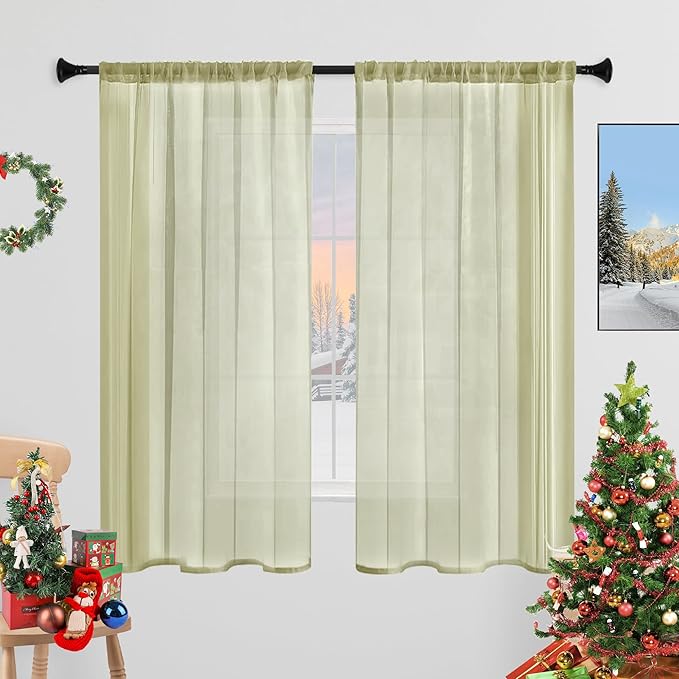 Sheer Curtains 54 Inches Long 2 Panels, Rod Pocket Short Curtain for Kitchen, Bedroom, Cafe Window(Sage Green 38" W x 54" L)