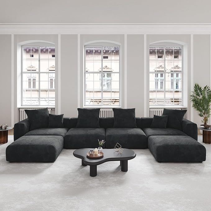 JACH 181" Oversized Modular Sectional Sofa, U-Shaped Deep 4-Seats Sectional Couch with Chaise Ottomans, Huge Plus Convertible Soft Sofas, Corduroy Minimalist Couches for Living Room, Apartment, Black