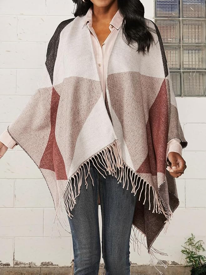 Moss Rose Women's Travel Plaid Shawl Wrap Open Front Poncho Cape for Fall Winter