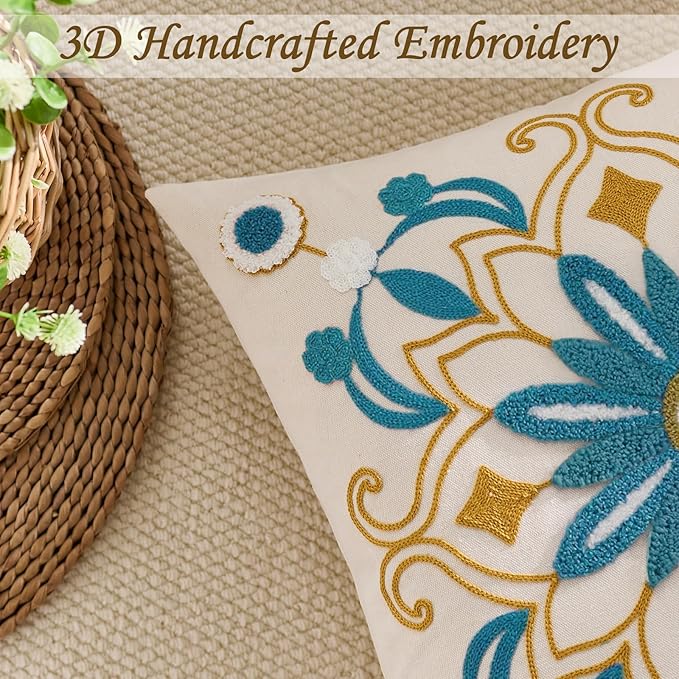 Embroidered Throw Pillow Cover 18x18 Classic Boho Floral Pattern Pillows Cover Outdoor Decorative Pillowcase,Durable Cozy Textured Cushion Case for Sofa Couch Bed Living Room,Teal