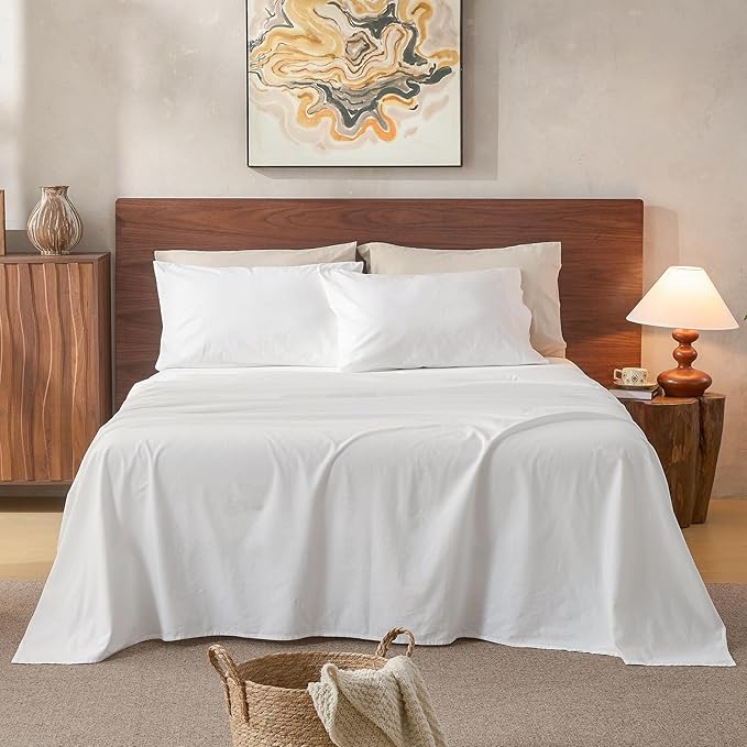 100% Linen Sheets California King Size,Breathable & Durable 4-Piece Bed Flax Sheet Set,Soft All-Season Bedding for Hot Sleepers 16" Deep Pocket Oeko-TEX Certified,（Cal King, White）
