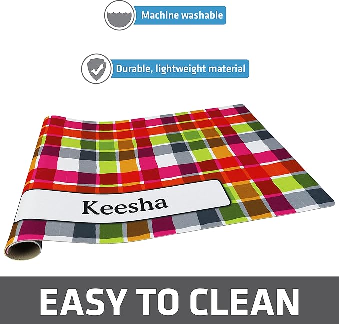 Drymate Personalized Pet Bowl Placemat, Custom Dog & Cat Food Feeding Mat - Absorbent Fabric, Waterproof Backing - Machine Washable/Durable (USA Made) (16" x 28") (Pink Plaid)