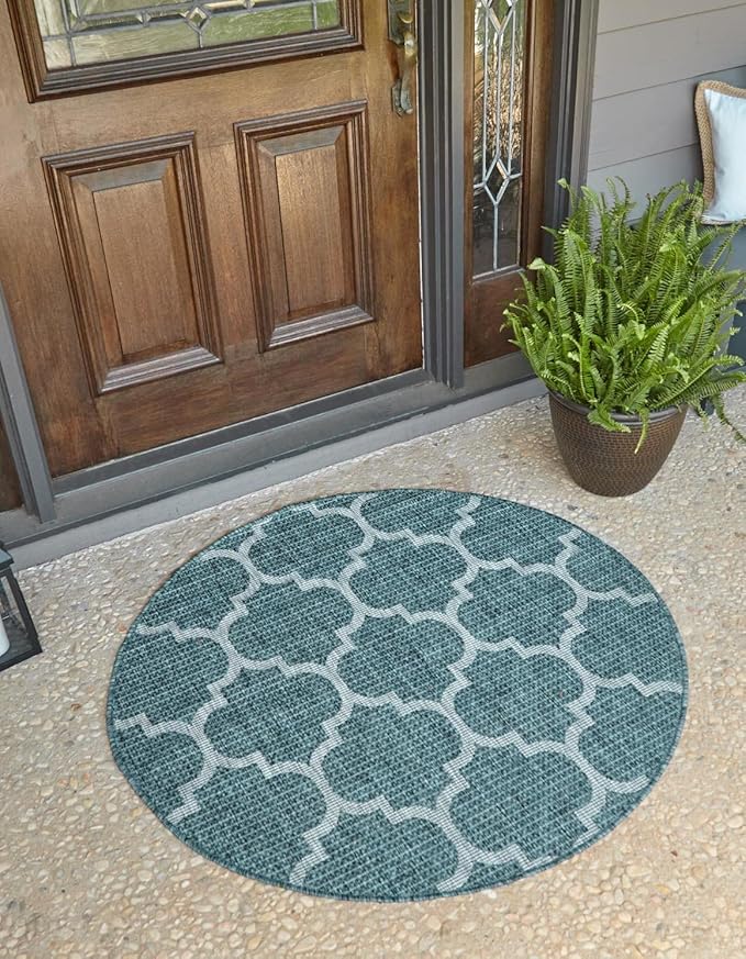 Unique Loom Outdoor Trellis Collection Area Rug - Trellis (Round 13' 0" x 13' 0", Teal/ Gray)