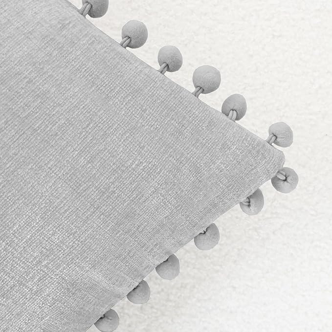 CaliTime Throw Pillow Covers Decorative 16 X 16 Inches Pack of 2 Cozy Solid Dyed Soft Chenille Cushion Cases with Pom Poms for Couch Sofa Bed Living Room Home Moonbeam Gray
