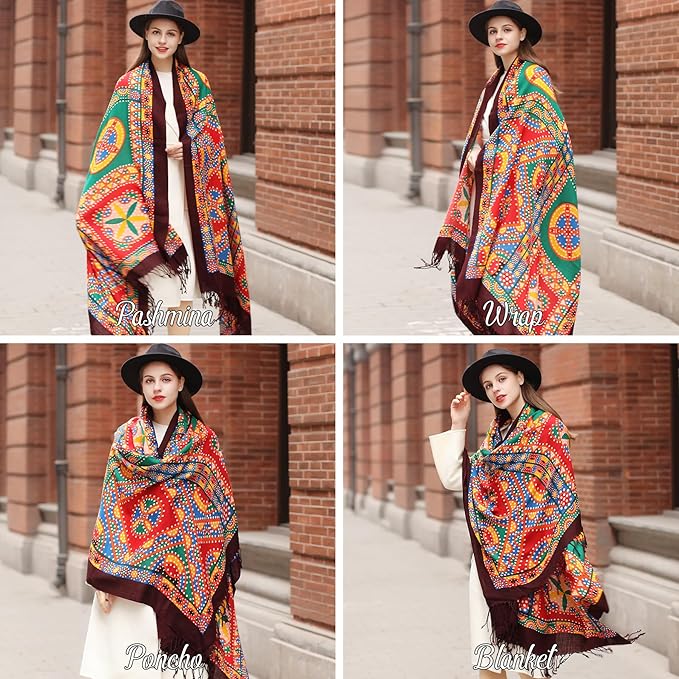 DANA XU 100% Merino Wool Pashmina Shawl for Women 96"x43", Oversized Cashmere Wrap with Tassels, Floral Travel Blanket Cape