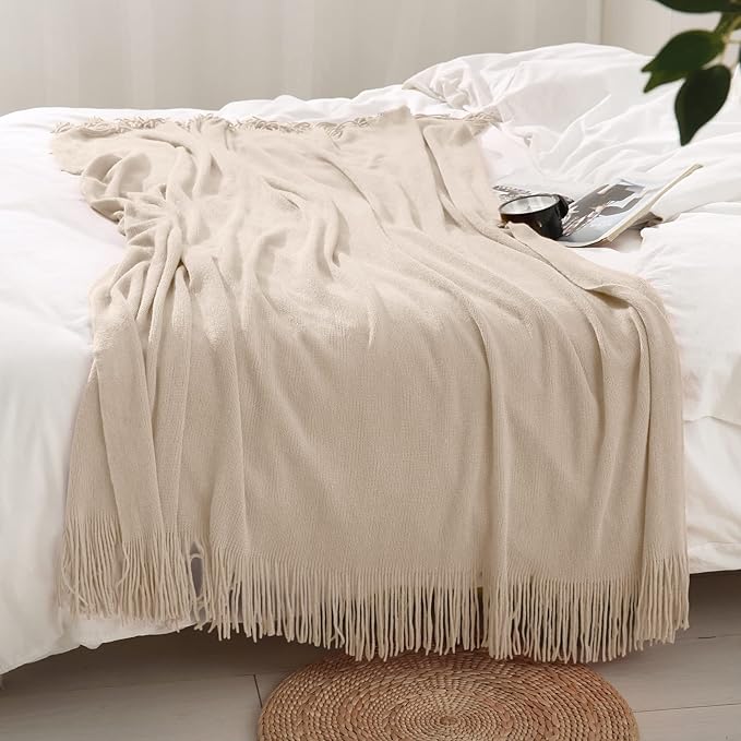 Homiest Decorative Knitted Throw Blanket with Fringe, Lightweight Acrylic Knit, Soft & Cozy Tassel Blanket for Couch, Sofa, Bed (Light Beige, 50 x 60 Inch)