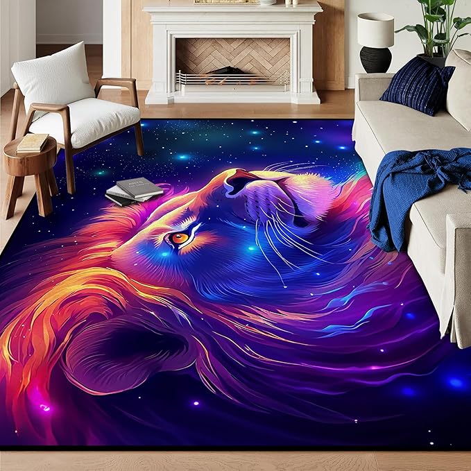 5' X 7' Galaxy Lion Rug 3D Fierce Lions Area Rugs for Kids Bedroom Living Room Playroom Gameroom Boys Glitter Carpet Throw Rugs Floor Mat
