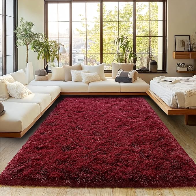 Burgundy Plush Rug for Living Room Fuzzy Carpet for Bedroom Dorm, Non-Slip High Pile Rug, Shag Rug for Playroom Nursery Home Office Decor 5X7 Ft