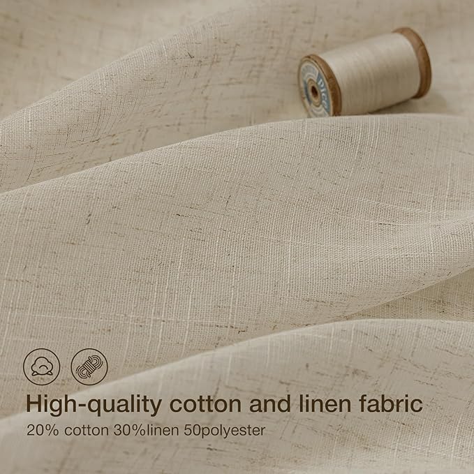 Anmao Natural Linen Curtains for Living Room 45 Inch Length 2 Panels Set, Light Filtering Semi Sheer Window Curtain Drapes for Bedroom with Curtain Rings and Clips, 52 Inch Wide Each Panel, Linen