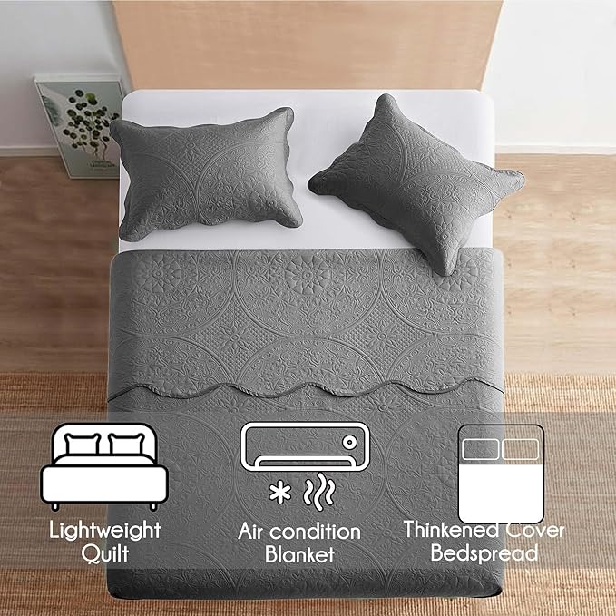 IR Imperial Rooms 8 Pack Quilt King Size Bedding (106" x 96") - Bulk Wholesale for Hotels, Guest Bedroom & Airbnbs - Lightweight Microfiber Reversible Floral Embossed Quilts Bedspreads (Grey)
