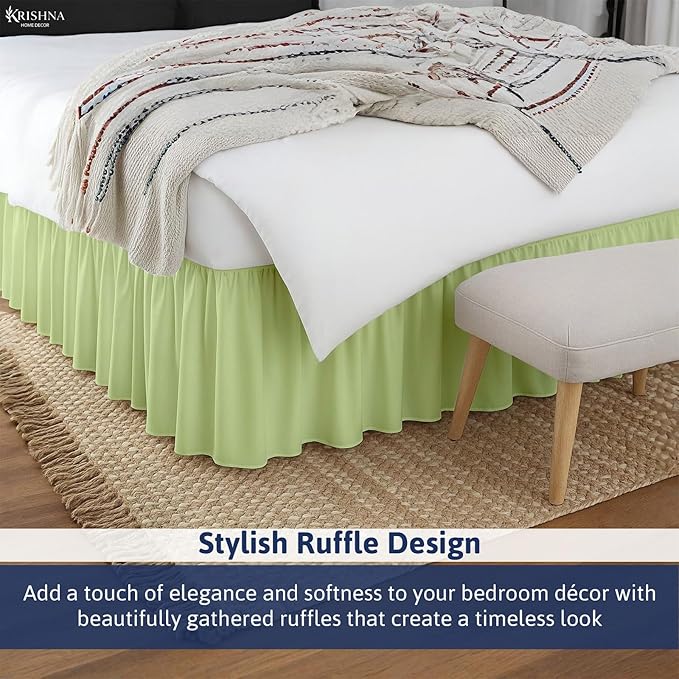KRISHNA Ruffled Bed Skirt with Split Corners King, 100% Microfiber Hotel Quality, 10 Inch Drop Dust Ruffle Gathered Bedskirt with Platform, 78" x 80", Sage