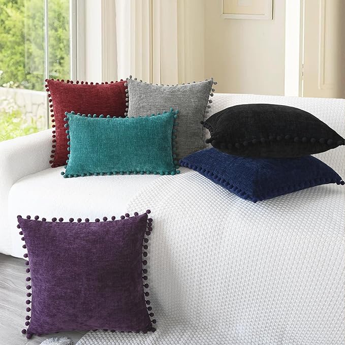 CaliTime Throw Pillow Covers Decorative 18 X 18 Inches Pack of 2 Cozy Solid Dyed Soft Chenille Cushion Cases with Pom Poms for Couch Sofa Bed Living Room Home Black