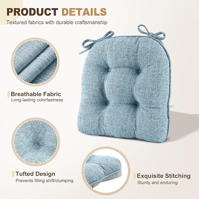 downluxe Indoor Chair Cushions for Dining Chairs, Tufted Overstuffed Textured Foam Kitchen Chair Pads with Ties and Non-Slip Backing, 15.5" x 15.5" x 4", Light Blue, 4 Pack