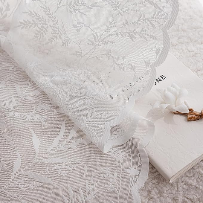 Anmao Vintage Lace Kitchen Curtains 18 Inches Long 2 Panels, Romantic Semi Sheer Floral Over Sink Lacy Cafe Curtain, Elegant Window Short Small Drapes, 55W x 18L, White Leaf