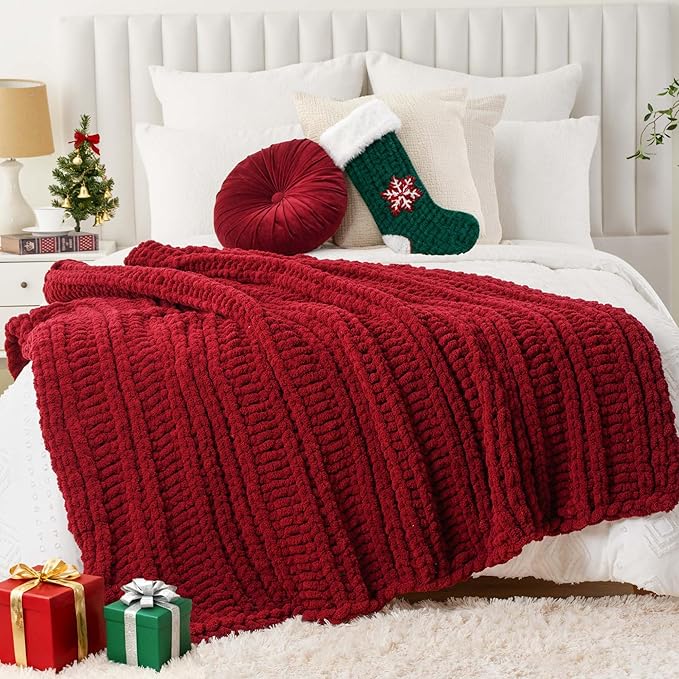 Battilo Dark Red Chunky Knit Throw Blanket, Christmas Red Throw Blanket for Couch, Super Soft Cozy Warm Blankets, Burgundy Chenille Throw Blanket for Living Room, Christmas Decorations, 50"x60"