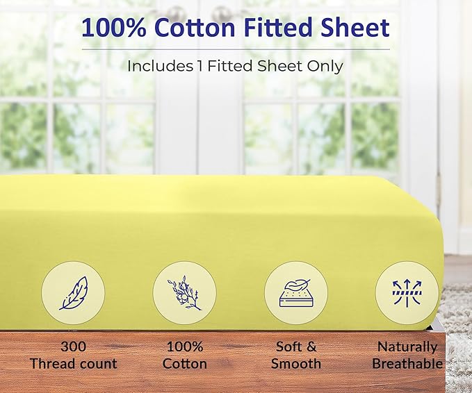 ROYALE LINENS 300 Thread Count 100% Long Staple Combed Cotton Fitted Sheet King - Super Soft Deep Pocket Bottom Sheet - Fitted Sheets Only - Elastic Sheets (King, Yellow)