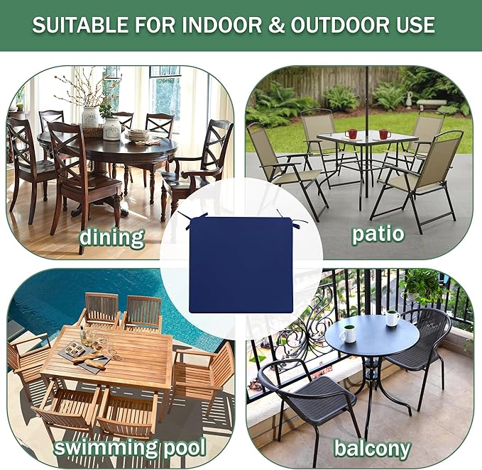 Outdoor Chair Cushions Set of 2: Waterproof & Fade Resistant Deep Seat Cushion for Patio Furniture - 24 x 24 x 3 Inch Chair Pads with Ties and Hidden Zipper - Patio Chair Cushion Replacement, Navy