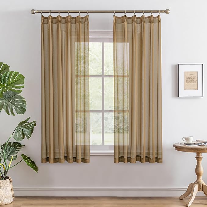 MAIHER Khaki Pinch Pleated Sheer Curtains 63 Inches Long Lightweight Light Filtering Curtain Panels Soft Touch Pleated Drapes with Adjustable Hooks for Bedroom, Khaki, 42" W x 63" L, 2 Panels