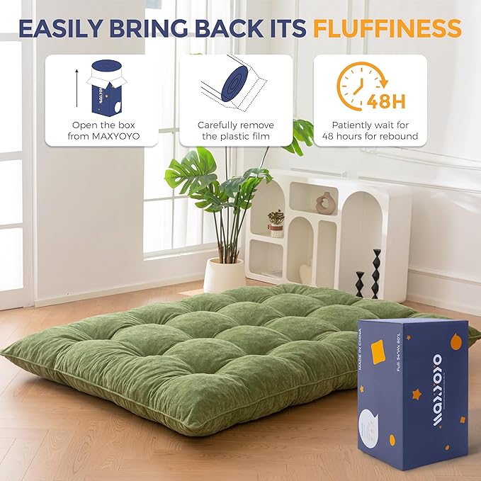 MAXYOYO Japanese Floor Mattress Queen Size, 6" Foldable Futon Mattress Tufted Roll Up Floor Bed, Thick Chenille Tatami Mat Sleeping Pad for Camping Guest Room Dormitory Bedroom RV, Green