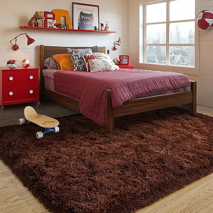 Brown Plush Rug for Living Room Fuzzy Carpet for Bedroom Dorm, Non-Slip High Pile Rug, Shag Rug for Playroom Nursery Home Office Decor 9X12 Ft