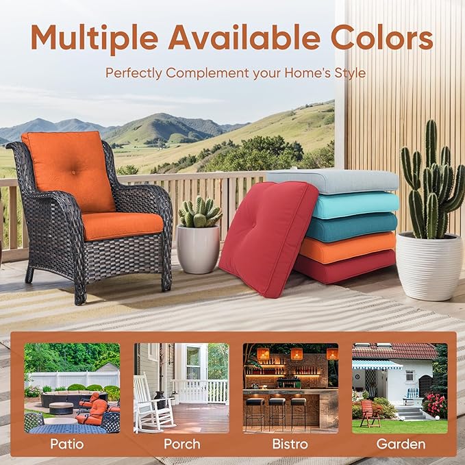 Outdoor Wicker Chair Cushions 2 Packs - Outside High Back Thick Water-Resistant Cushion 22x24 with Zipper Cover for Patio Glider Rocking Chairs Loveseat Couch – Orange/Buckle
