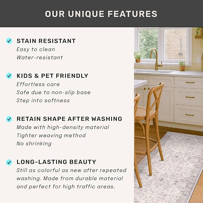 Boho Light Grey Living Room Rug 10x14 - Modern Vintage Eclectic Floral Pastel Neutral Taupe, Washable Low Pile Non-Slip Extra Large Area Rugs for Dining Under Table Bedroom Lounge