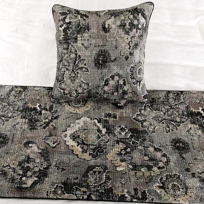 The HomeCentric Luxury Black & Grey Queen 74 x 18 inch Bed Runner with 2 Pillow Cover, Velvet Damask with Tassels Bed Scarf, Abstract Modern - Paved Damask